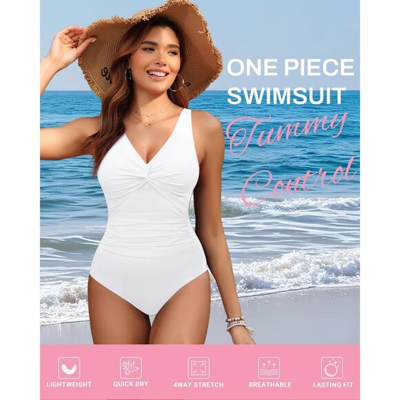 Holipick Women Tummy Control One Piece Swimsuit - white Push Up Full Coverage - Picture 2 of 7